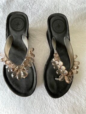 BCBG Black Jelly Sandals with Clear Jewel Embellishments